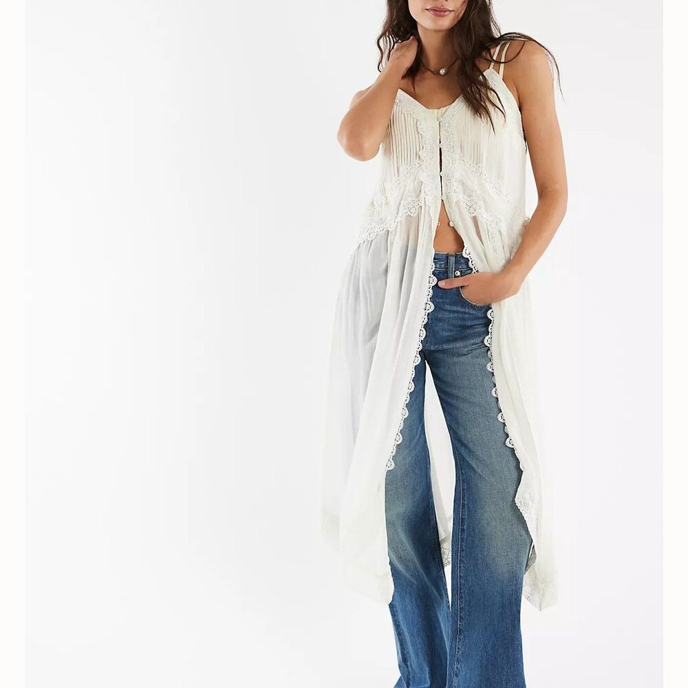 Free People Snowbird Maxi Top Sheer Floral Lace Sleeveless Buttondown S 291535